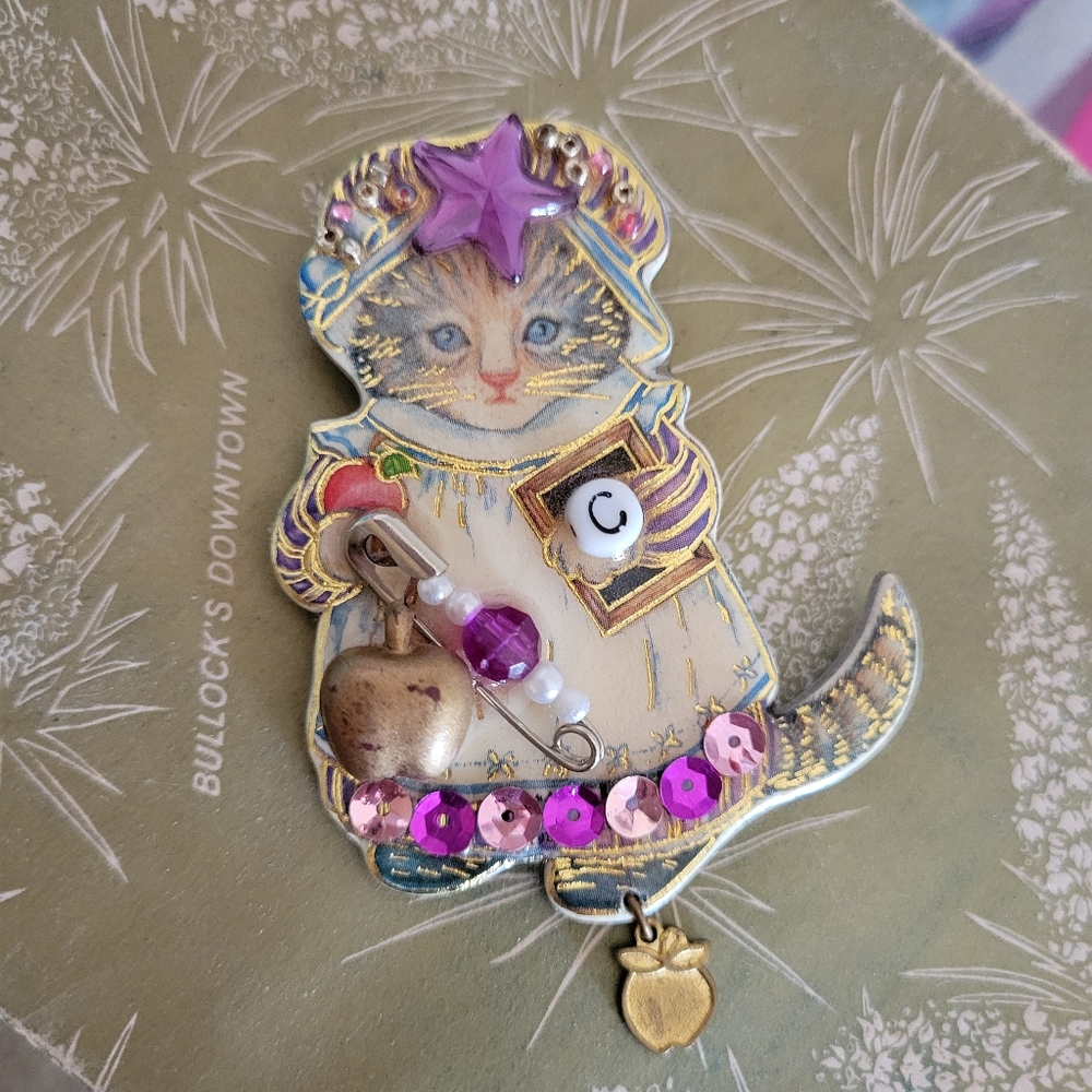 Handcrafted Cute Cat Pin Brooch ~ Embellished ~ Teacher ~ Kitten ~ Apple - Picture 12 of 16